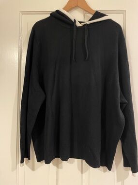 summersalt Black Merino-Cashmere Blend Hoodie Sweater with Cream Trim